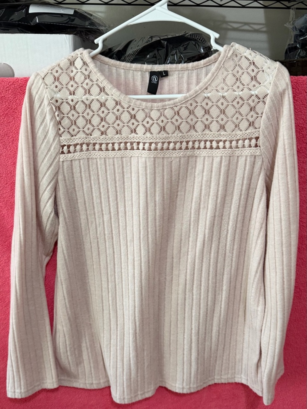 Lace Yoke Ribbed Long Sleeve Top - Cream